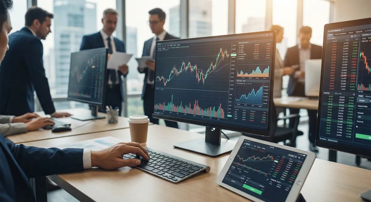 Slika je umetno generirana iz tem: gospodarstvo, trgovina, delniški trgi