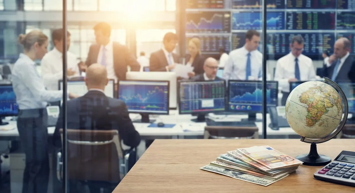 Slika je umetno generirana iz tem: evroobmočje, evropska integracija, trgovina, valute