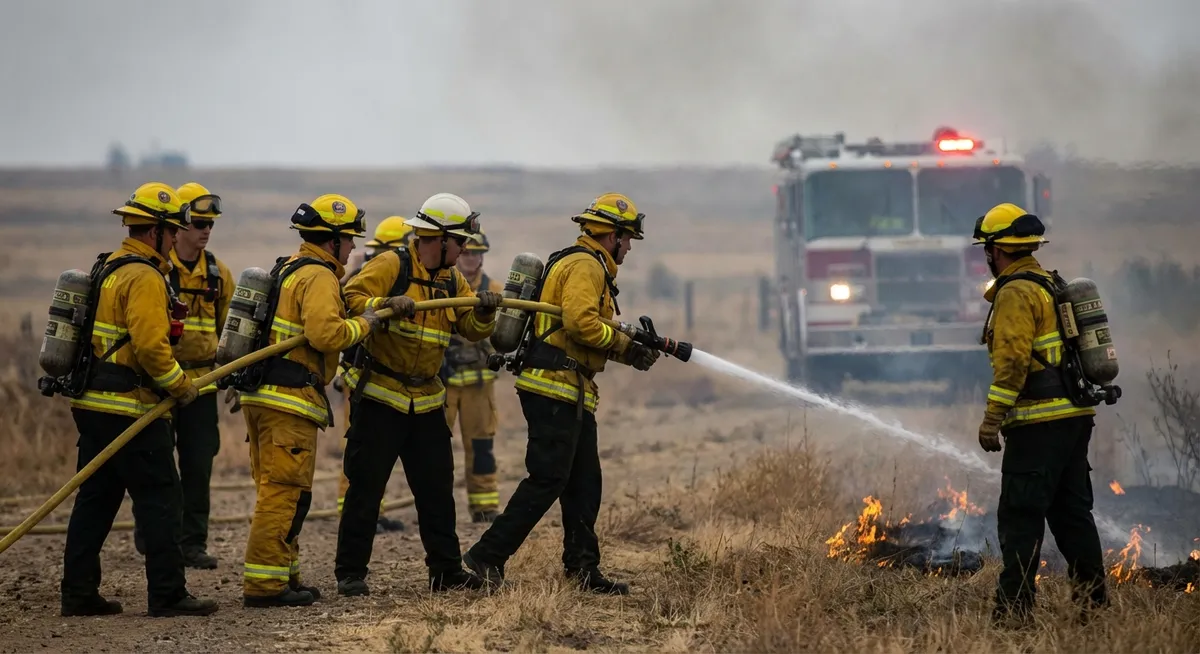 Slika je umetno generirana iz tem: požari, industrija, gasilci