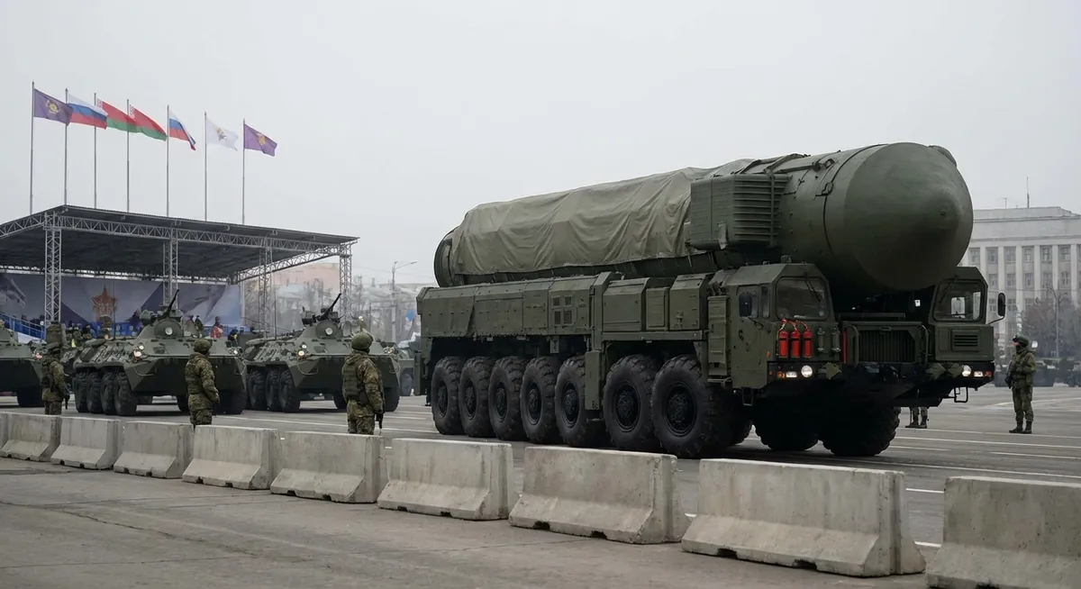 Slika je umetno generirana iz tem: jedrsko orožje, oboroževanje, vojaške parade, mednarodni odnosi, medcelinske balistične rakete