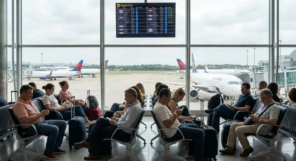 Slika je umetno generirana iz tem: zračni promet, zamude letov, požari, odpovedi letov
