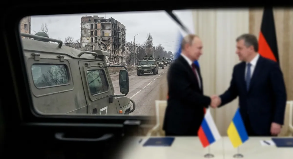 Slika je umetno generirana iz tem: rusko-ukrajinski konflikt, oboroženi spopadi, pomoč, diplomacija, premirje