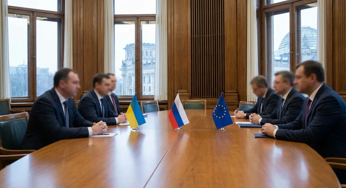 Slika je umetno generirana iz tem: politika, mednarodni odnosi, varnost, rusko-ukrajinski konflikt, mirovni procesi, diplomacija, pogajanja