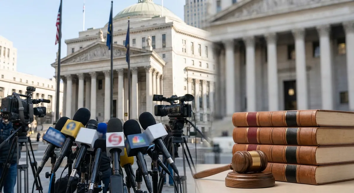 Slika je umetno generirana iz tem: pravo, tožbe, mediji, odškodnine, pravosodje, politika, montaža videoposnetka, dezinformacije