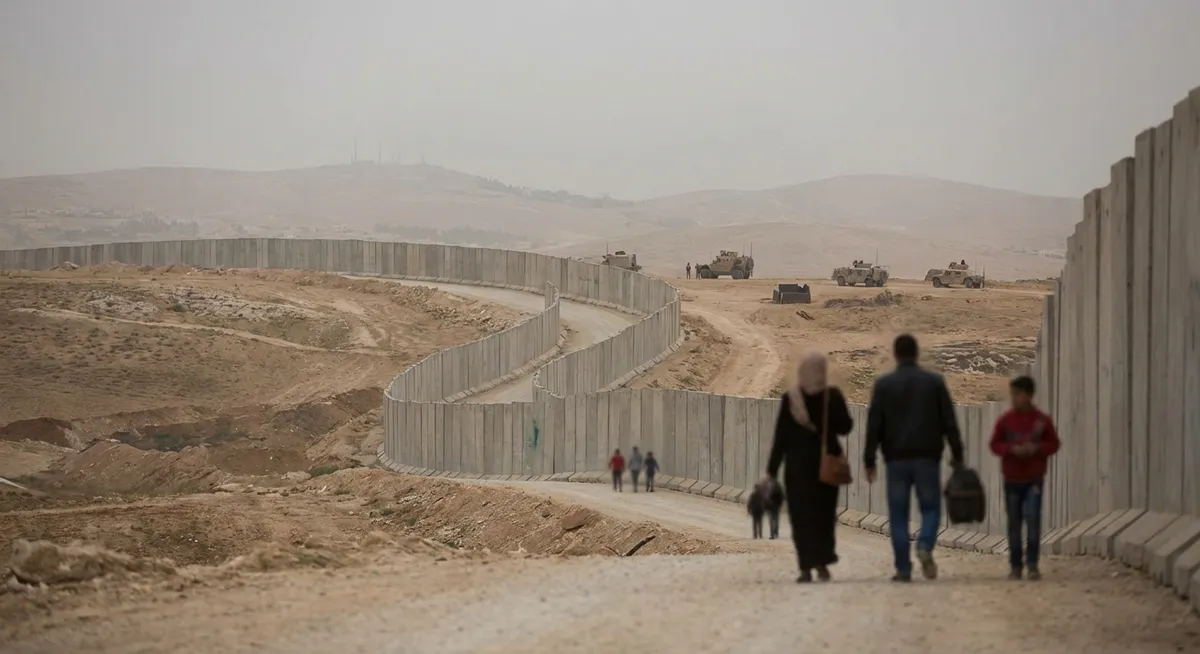 Slika je umetno generirana iz tem: bližnji vzhod, mednarodni odnosi, obrambna industrija, genocid, palestinsko-izraelski konflikt