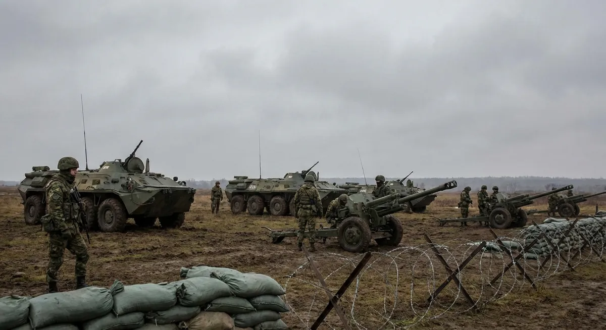 Slika je umetno generirana iz tem: obramba, oboroževanje, vojne