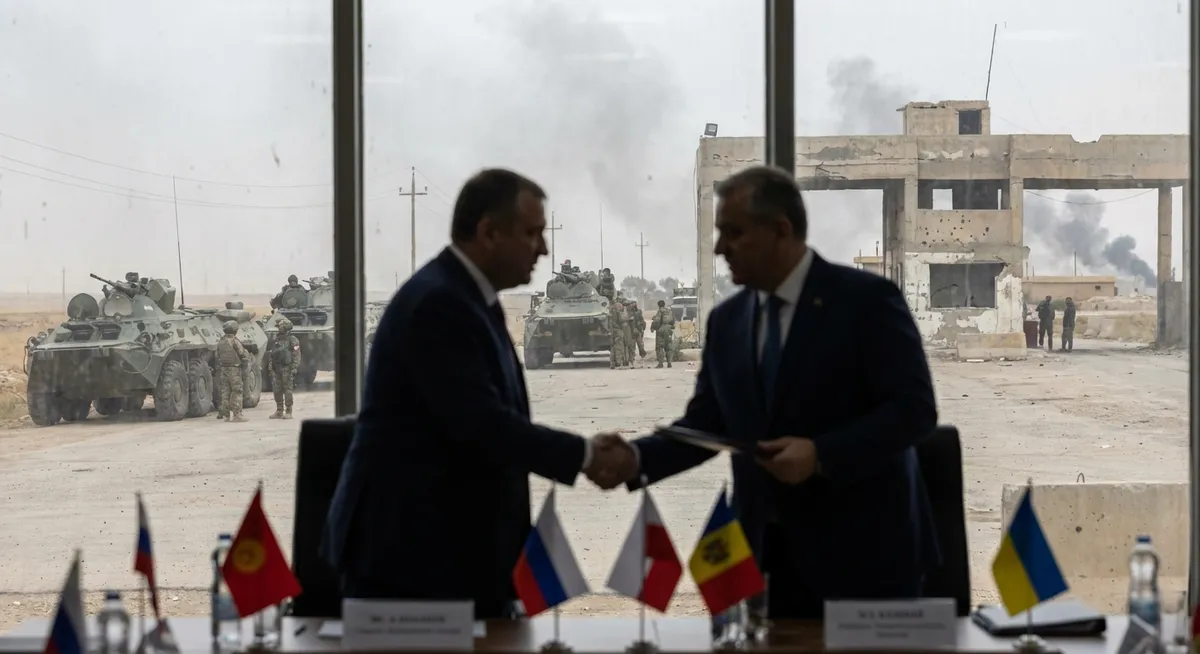 Slika je umetno generirana iz tem: mednarodni odnosi, oboroženi spopadi, diplomacija