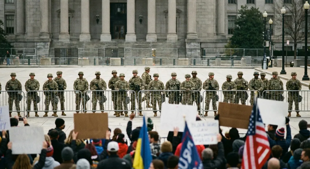 Slika je umetno generirana iz tem: rasizem, migracije, politika, nacionalna garda, pravo, protesti