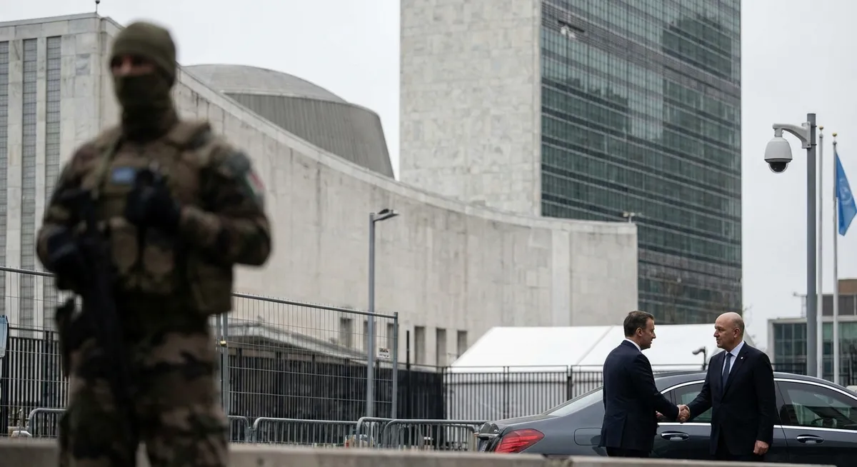 Slika je umetno generirana iz tem: mednarodni odnosi, oboroženi spopadi, diplomacija, varnost