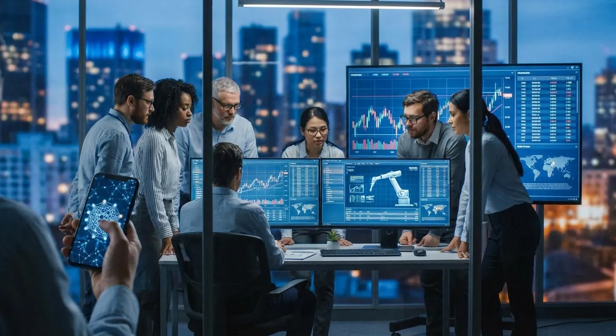 Slika je umetno generirana iz tem: umetna inteligenca, finance, delnice, tehnologija