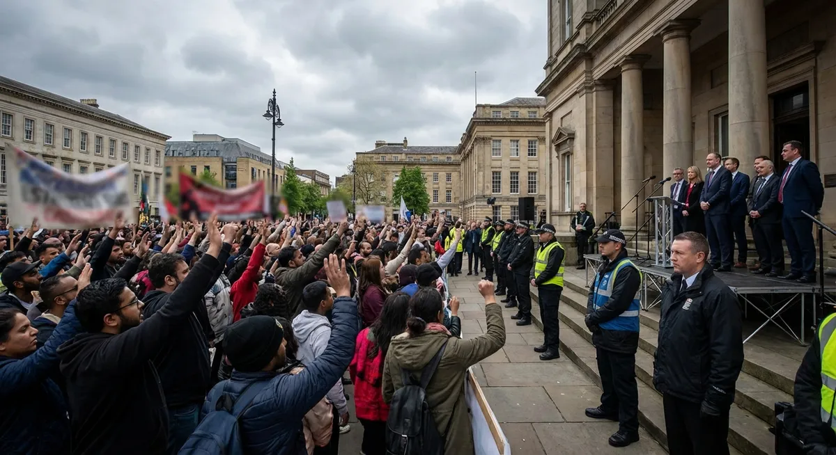 Slika je umetno generirana iz tem: migracije, protesti, politika, pravo