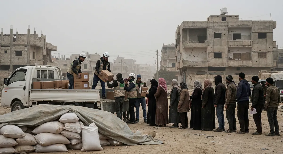 Slika je umetno generirana iz tem: mednarodni odnosi, humanitarna pomoč, oboroženi spopadi