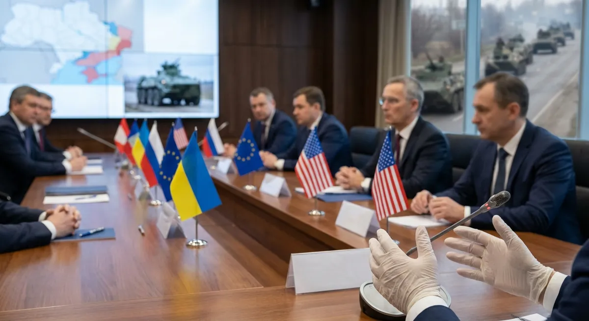 Slika je umetno generirana iz tem: oboroževanje, mednarodni odnosi, rusko-ukrajinski konflikt, diplomacija, pogajanja