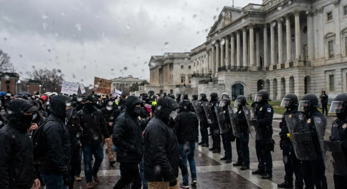 Slika je umetno generirana iz tem: nasilje, kritike, nemiri, zavajanje javnosti, politika
