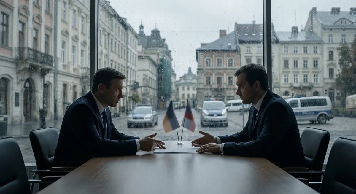 Slika je umetno generirana iz tem: mednarodni odnosi, diplomacija, rusko-ukrajinski konflikt, konflikti, pogajanja