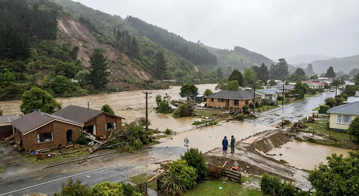 Slika je umetno generirana iz tem: podnebne spremembe, zemeljski plazovi, poplave, vreme, cikloni, naravne nesreče