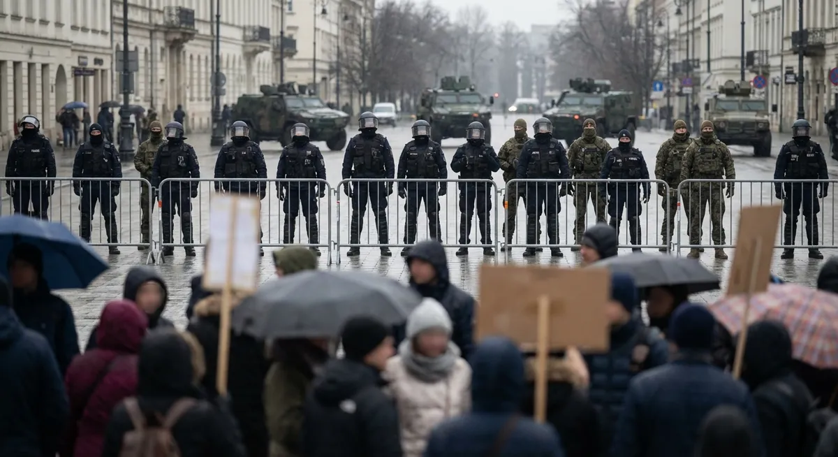 Slika je umetno generirana iz tem: protesti, vojska, varnost, politika
