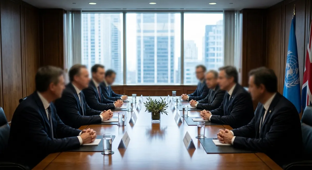 Slika je umetno generirana iz tem: mednarodni odnosi, oboroženi spopadi, mirovni procesi, konflikti, diplomacija, vojne, mir