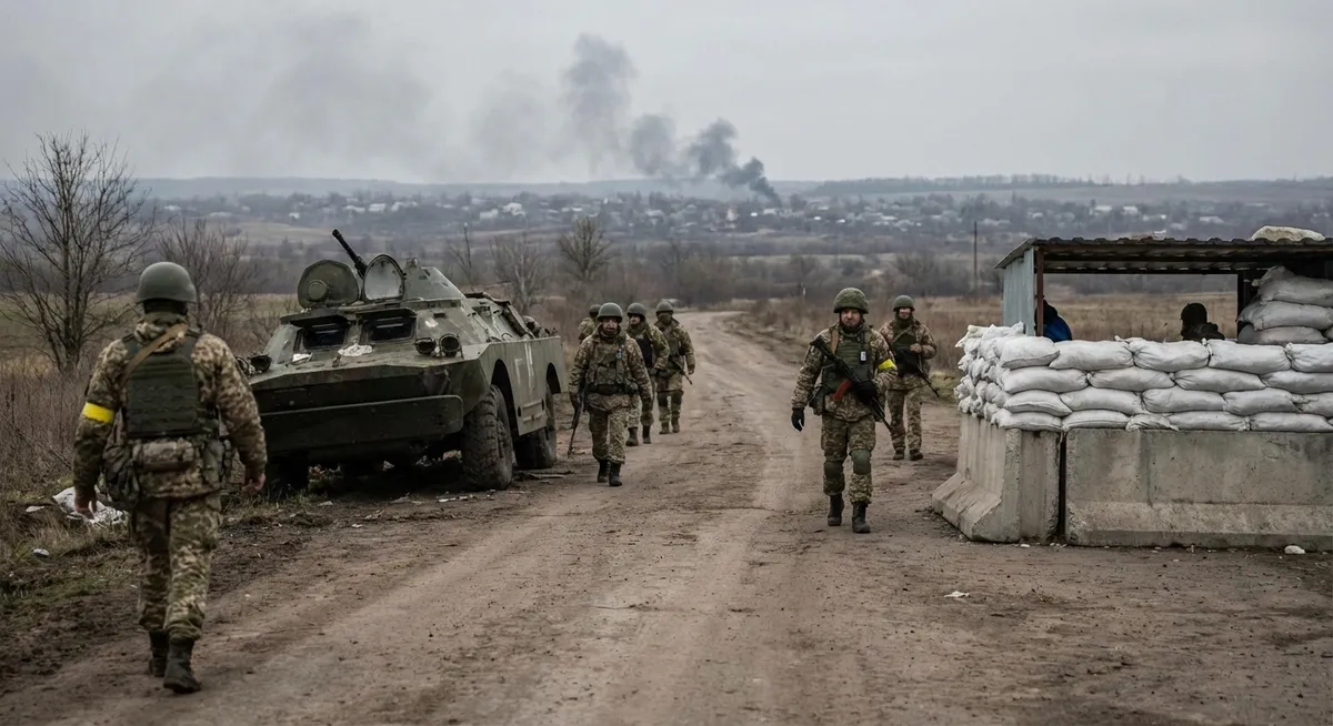 Slika je umetno generirana iz tem: rusko-ukrajinski konflikt, spopadi, obramba, ruska ofenziva