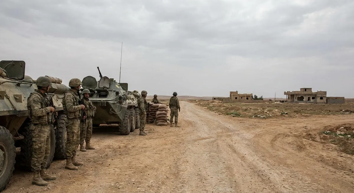 Slika je umetno generirana iz tem: vojne, vojska, podnebne spremembe, ogljični odtis