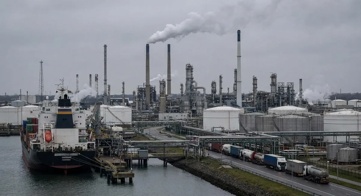 Slika je umetno generirana iz tem: nafta, gospodarstvo, trgovina, sankcije, politika, energetika, mednarodni odnosi, pomorska varnost