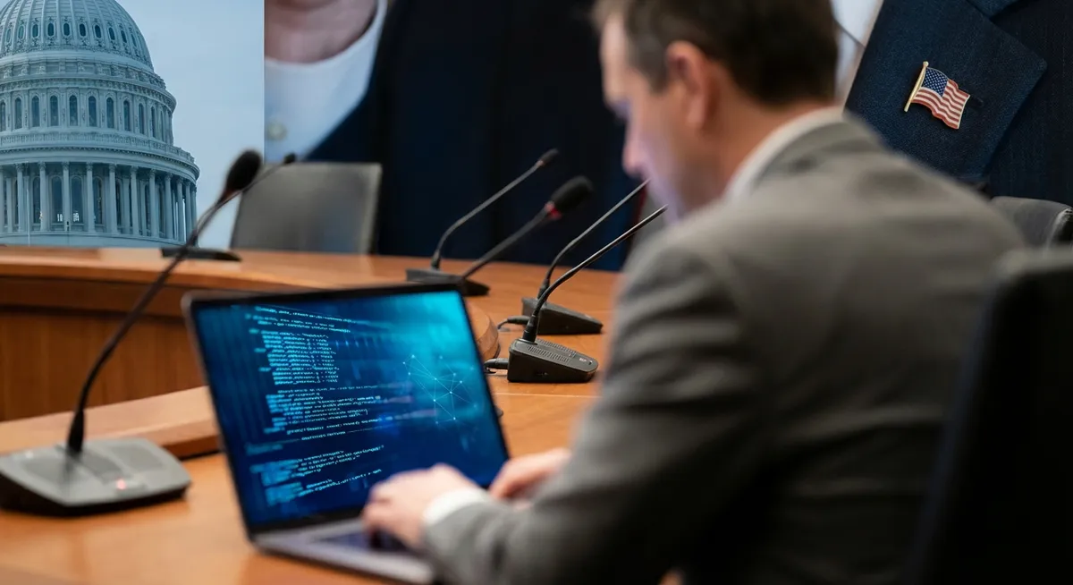 Slika je umetno generirana iz tem: umetna inteligenca, politika, tehnologija, trgovina