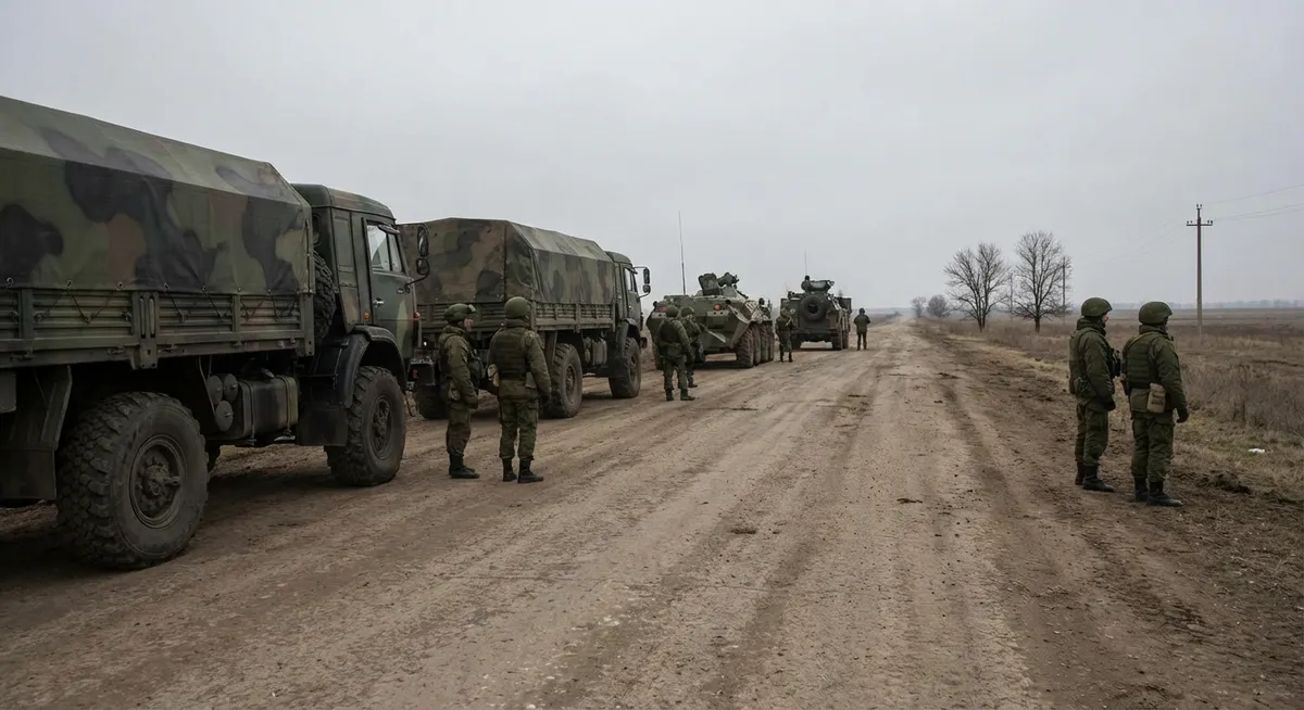 Slika je umetno generirana iz tem: rusko-ukrajinski konflikt, vojaško napredovanje, zavzetje mesta