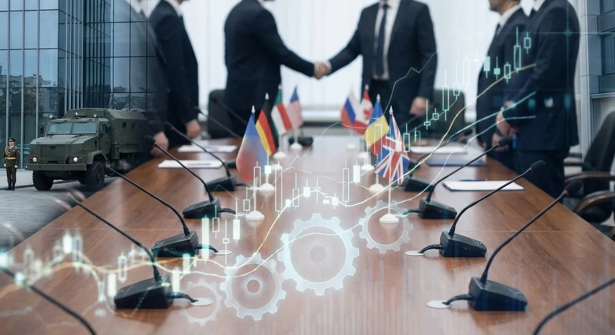 Slika je umetno generirana iz tem: poslovno sodelovanje, energetika, tehnologija, obramba, gospodarstvo, mednarodni odnosi, obrambna industrija, diplomacija