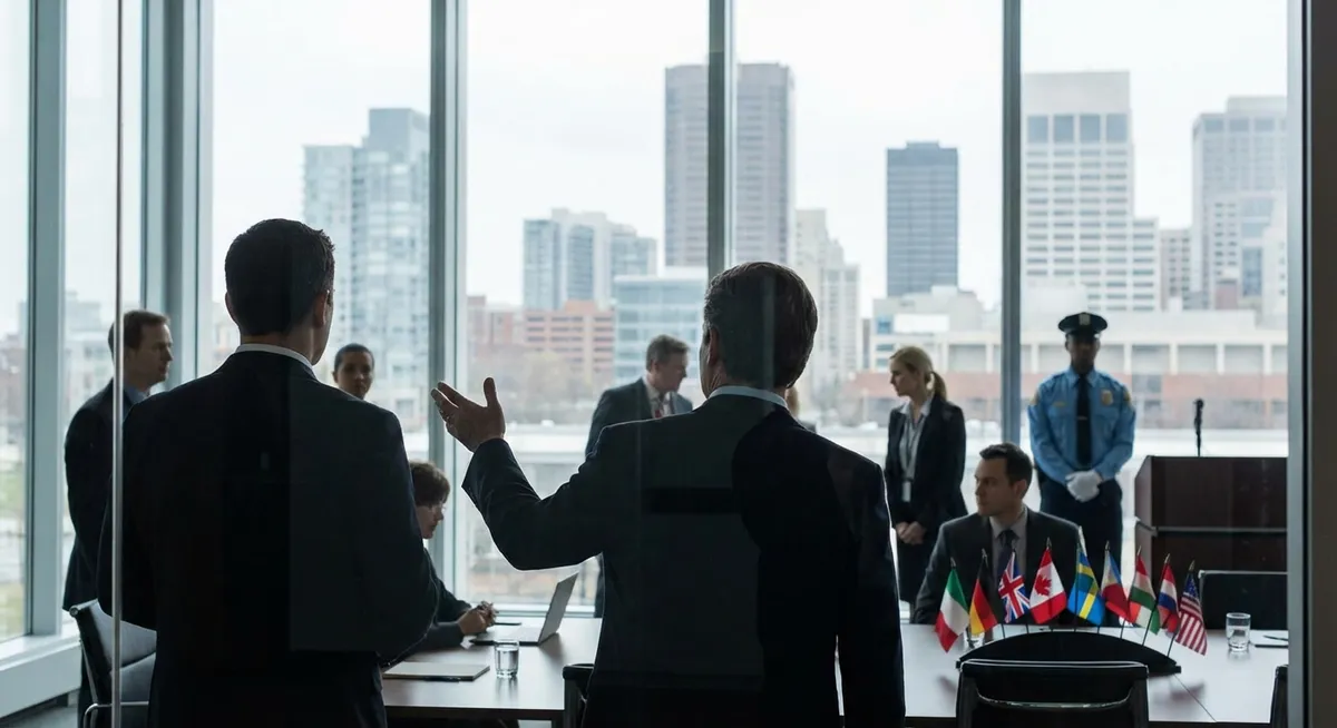 Slika je umetno generirana iz tem: mednarodni odnosi, gospodarstvo, varnost, diplomacija