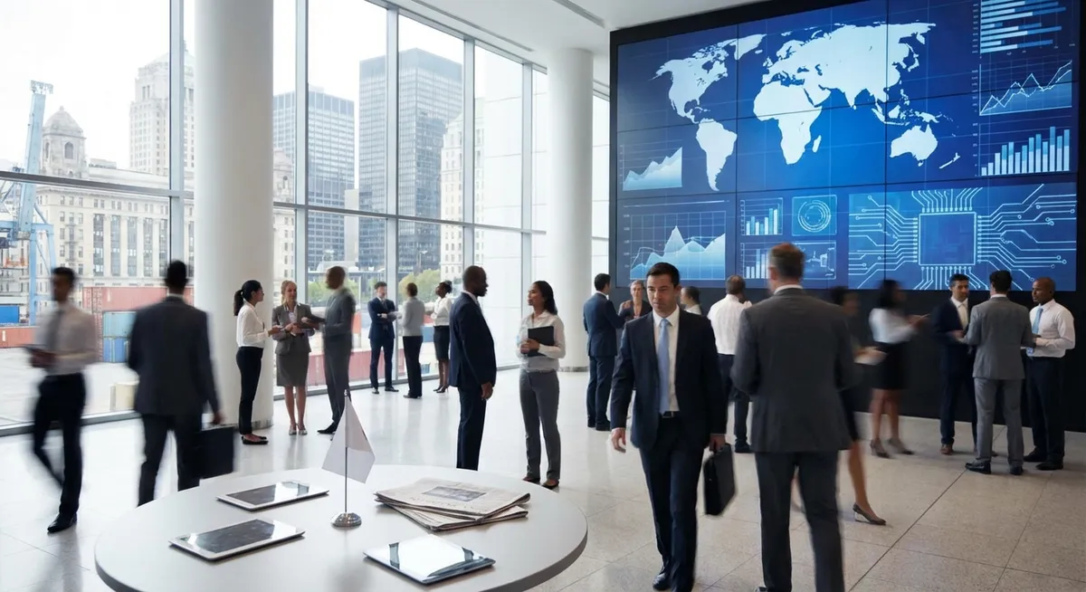 Slika je umetno generirana iz tem: politika, tehnologija, trgovina, svoboda govora