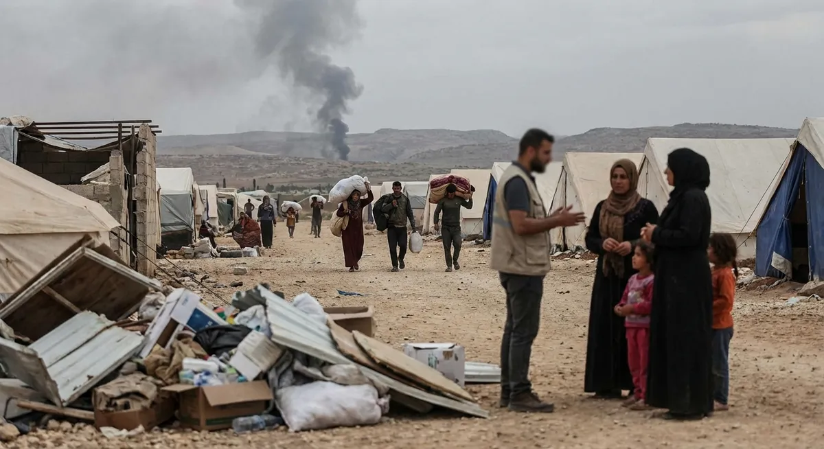 Slika je umetno generirana iz tem: mednarodni odnosi, oboroženi spopadi, humanitarne krize