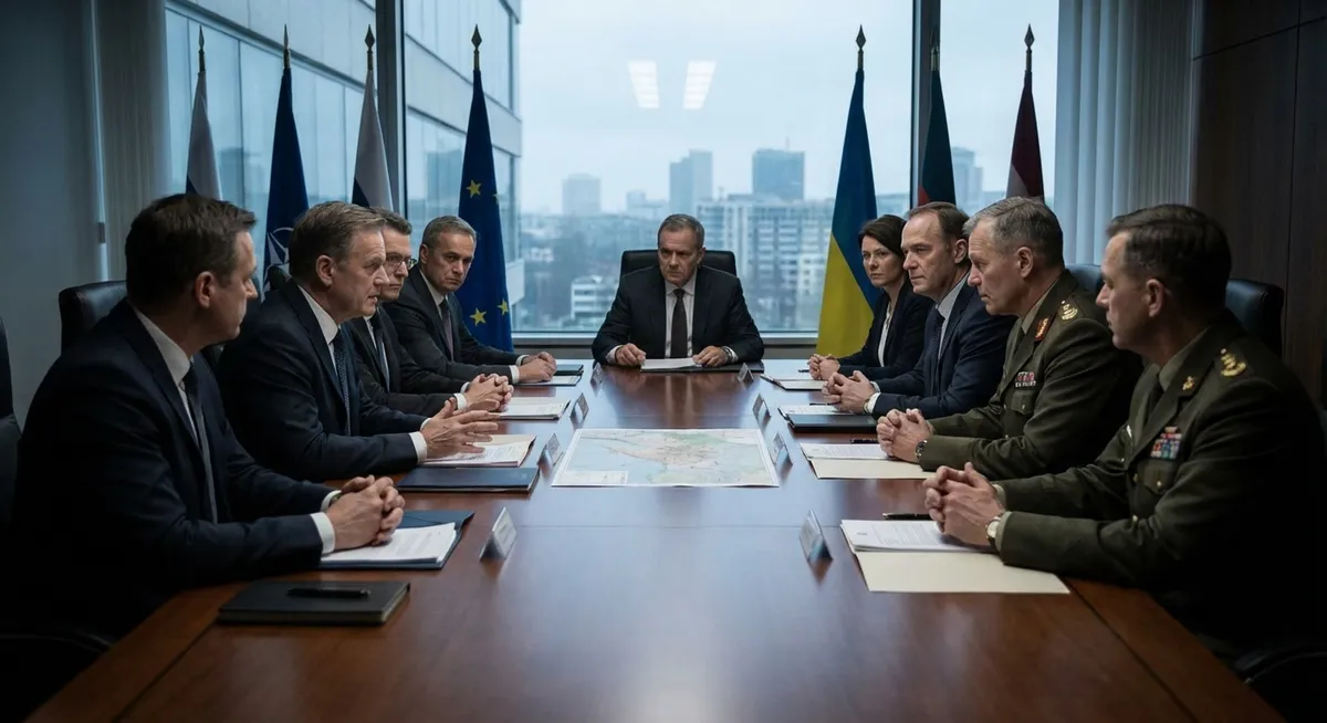 Slika je umetno generirana iz tem: politična prizadevanja, mednarodni odnosi, pomoč, obramba, rusko-ukrajinski konflikt, pogajanja