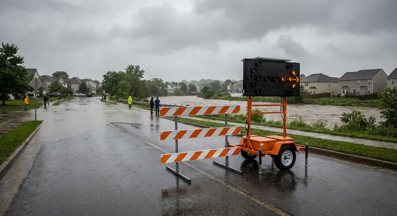 Slika je umetno generirana iz tem: deževje, poplave, opozorila, vreme