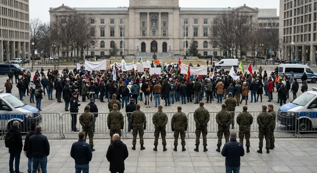 Slika je umetno generirana iz tem: obletnice, protesti, politika