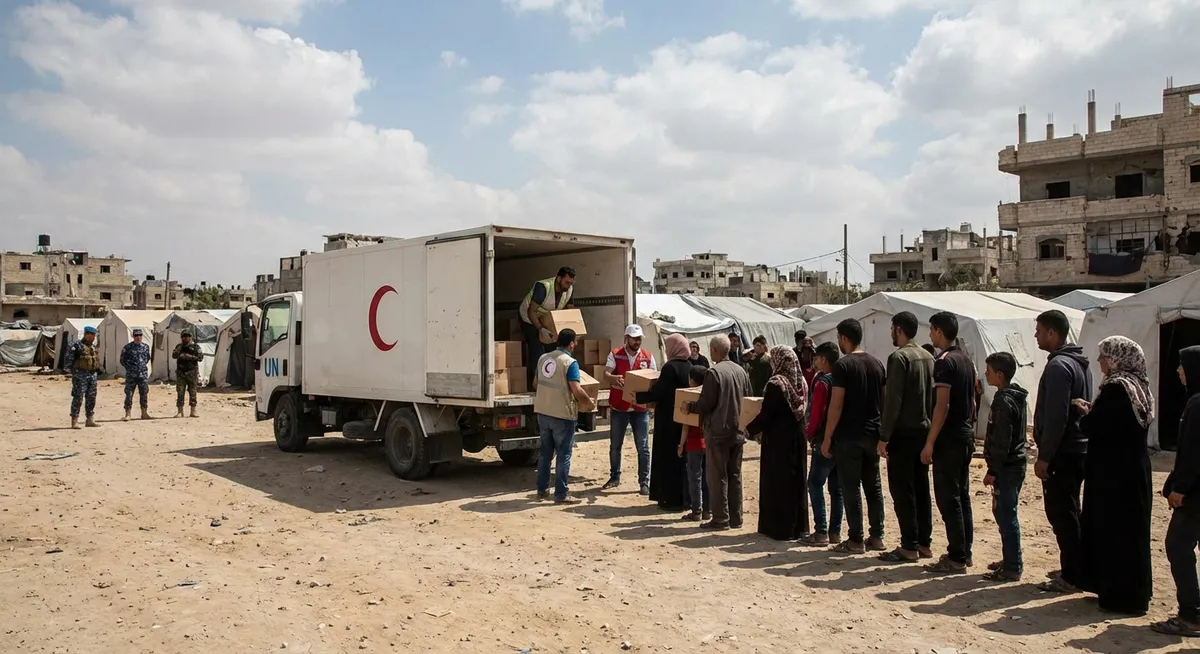 Slika je umetno generirana iz tem: prehranska varnost, zimske razmere, mednarodni odnosi, politični konflikti, združeni narodi, lakota, premirje, mednarodne organizacije, humanitarna pomoč, mednarodno pravo, gaza, zima, blokade, dostava pomoči, izraelska ofenziva, mednarodna podpora