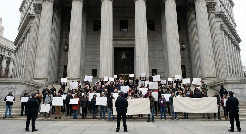 Slika je umetno generirana iz tem: politika, policijsko nasilje, zvezno sodišče, policija, protesti, sodni postopki, zakonodaja, prekomerna uporaba sile, sodno varstvo, prisilna izselitev, uporaba sile, zvezni agenti, mediji, sodstvo, svoboda tiska, pravo, migracije, človekove pravice