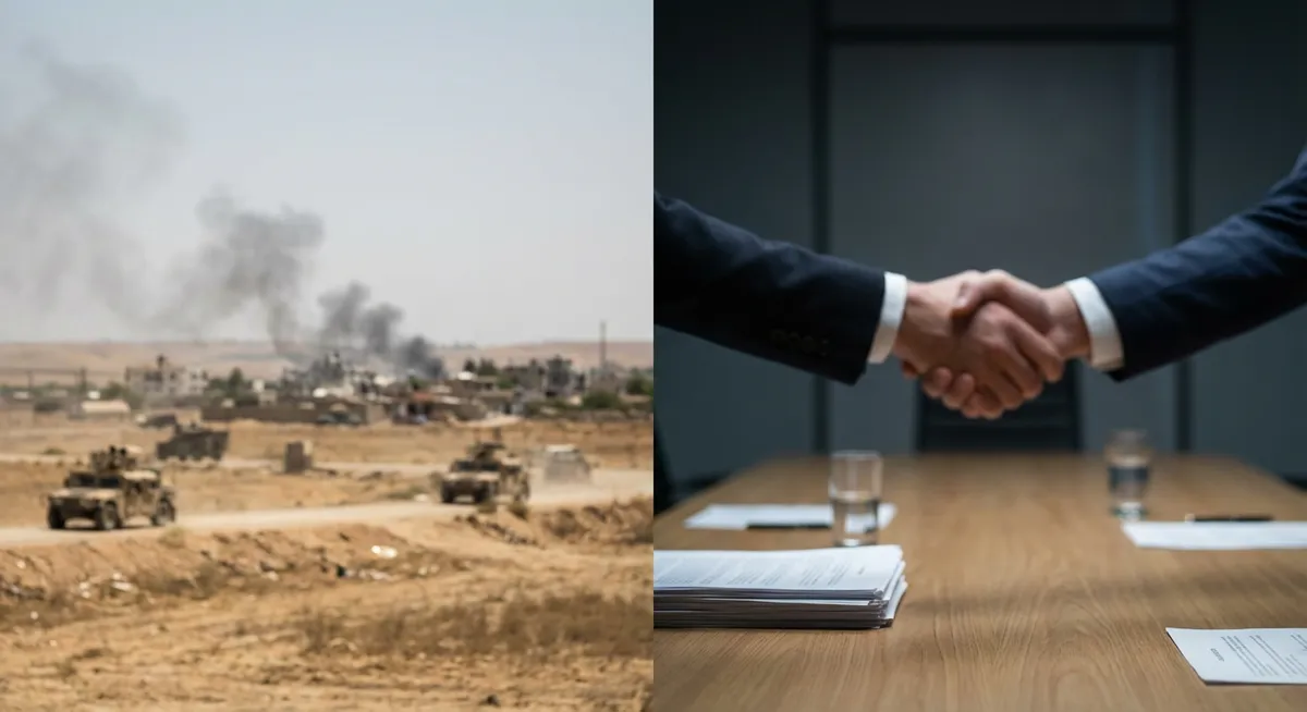 Slika je umetno generirana iz tem: mednarodni odnosi, oboroženi spopadi, pogajanja