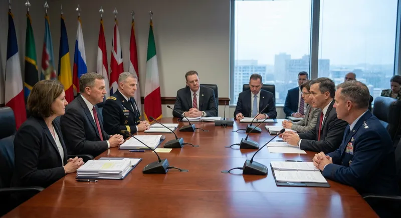 Slika je umetno generirana iz tem: mednarodni odnosi, diplomacija, obramba, pogajanja