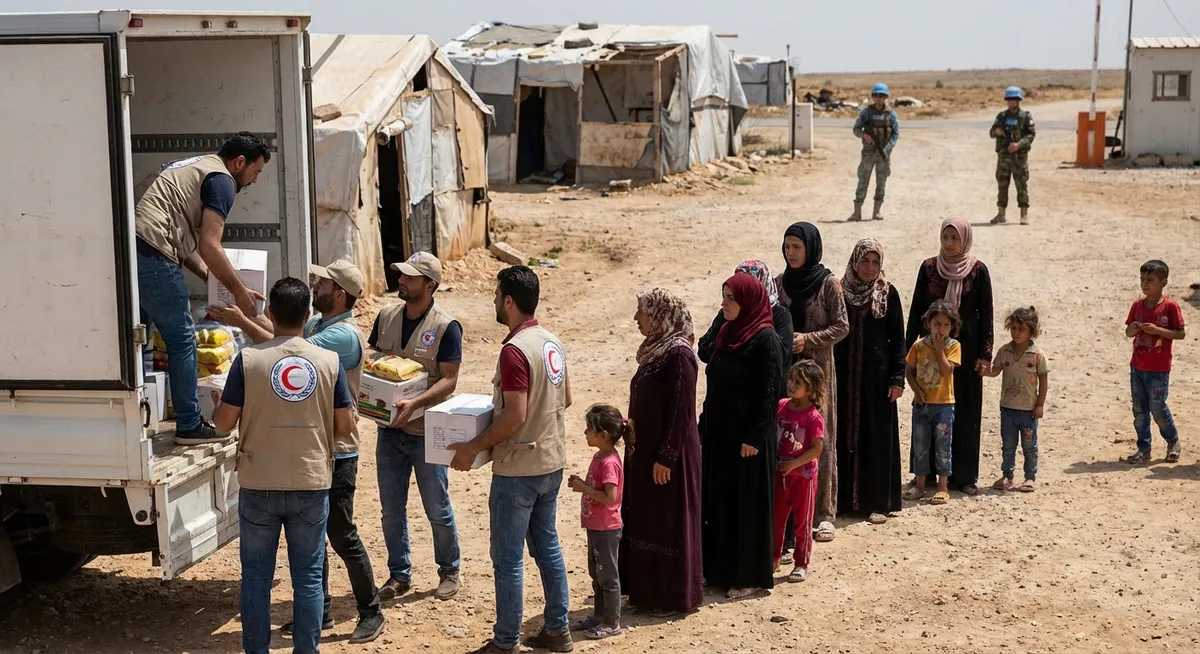 Slika je umetno generirana iz tem: politična posredovanja, premirje, humanitarna pomoč, konflikti