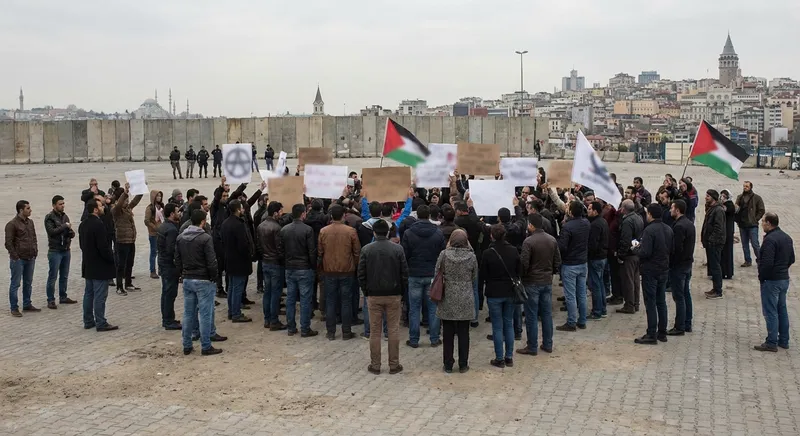 Slika je umetno generirana iz tem: protesti, palestina, izrael, posredovanja policije, mednarodni odnosi
