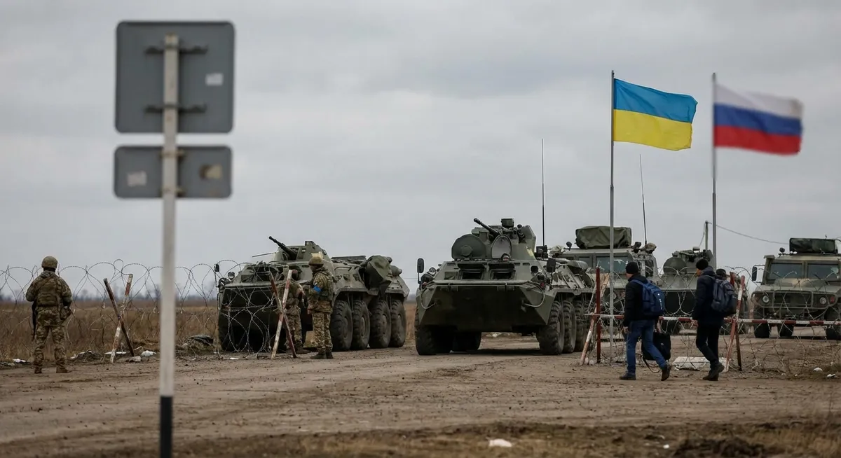 Slika je umetno generirana iz tem: mednarodni odnosi, rusko-ukrajinski konflikt