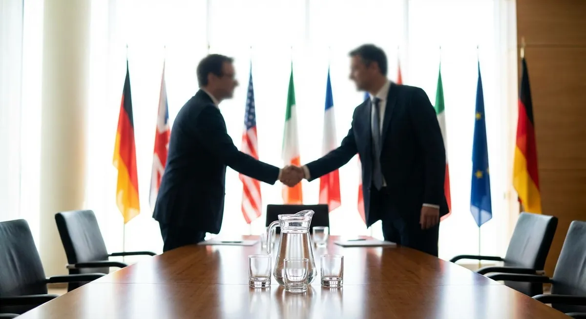 Slika je umetno generirana iz tem: politika, mednarodni odnosi, premirje, mir, pogajanja