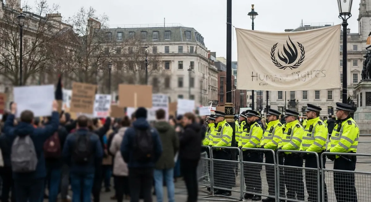 Slika je umetno generirana iz tem: protesti, policija, človekove pravice, govor mržnje